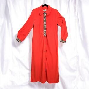Vintage 60's Evelyn Pearson Robe ?S-M-L? Orange Embroidered Front and Cuffs Snap